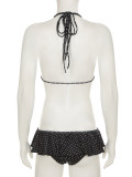 Women Polka Dot Ruffle Lace-up Halter Neck Swimwear  Two-piece Set