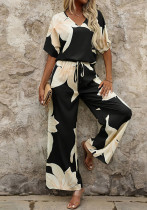 Women Summer Printed V-Neck Bat Sleeves Top and Long Pants Two-Piece Set