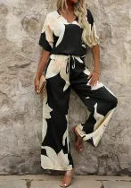 Women Summer Printed V-Neck Bat Sleeves Top and Long Pants Two-Piece Set