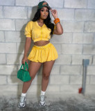 Women Casual Zipper Crop Top and Lantern Skirt Two-Piece Set