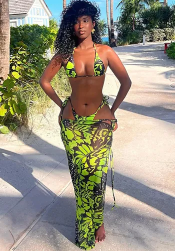 Women Spring Summer Printed Sexy Bikini Skirt Three-Piece
