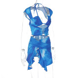 Women Summer and Autumn Wrap-around Short Sleeve Lace-up Irregular Top and Skirt Two-piece Set