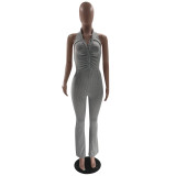 Women's Solid Color Sexy Low Back Halter Neck Turndown Collar Jumpsuit