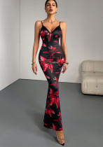 Summer Style Elegant Print V-Neck Strap Bodycon Long Dress