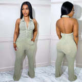 Women's Solid Color Sexy Low Back Halter Neck Turndown Collar Jumpsuit