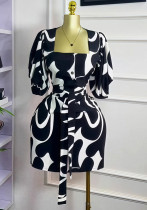 Women's Summer Short-Sleeved U-Neck Single-Breasted Belt Slim Waist Short Dress
