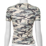 Women's Spring/Summer Camouflage Cherry Print Round Neck Slim T-Shirt