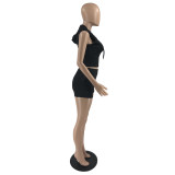 Women's Summer Hooded Sleeveless Zipper Top and Shorts Two-Piece Sports Set