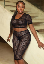 Women's Spring/Summer Lace See-Through Round Neck Open Waist Tight Slim Three-Piece Pants Set