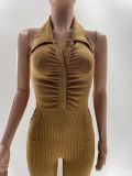 Women's Solid Color Sexy Low Back Halter Neck Turndown Collar Jumpsuit