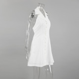 Linen Halter Neck Sexy Low Back Spring/Summer Short Dress