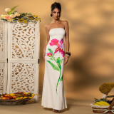 Holiday Style Flower Print Contrast Color Low Back Strapless Long Dress