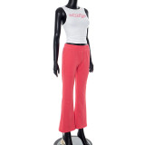 Women's Spring/Summer Round Neck Beaded Letter Print Vest Elastic High-Waist Bell Bottom Pants Two Piece Set