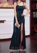 Summer Women's Square Neck High-Waist Slim Split Sequin Strap Dress