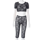 Women's Spring/Summer Lace See-Through Round Neck Open Waist Tight Slim Three-Piece Pants Set
