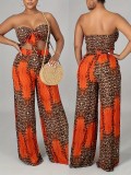 Summer Leopard Print Strapless Lace-Up Wide-Leg Loose Two Piece Pants Set