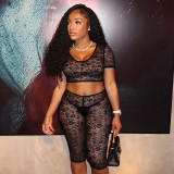 Women's Spring/Summer Lace See-Through Round Neck Open Waist Tight Slim Three-Piece Pants Set