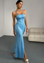Fashionable Beaded Slim Blue Dress