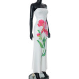 Holiday Style Flower Print Contrast Color Low Back Strapless Long Dress