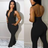 Women's Solid Color Sexy Low Back Halter Neck Turndown Collar Jumpsuit
