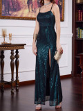 Summer Women's Square Neck High-Waist Slim Split Sequin Strap Dress