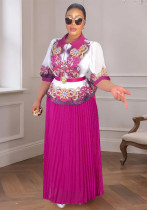 African Turndown Collar Print Top Pleated Skirt Plus Size Suit for Women