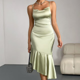 Ruffled Satin Dress for Women Luxury Birthday Fishtail Dress