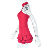 Women's Solid Color Fashion Fluffy Ruffled Cascading Stand Collar Sleeveless Short Dress