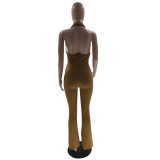 Women's Solid Color Sexy Low Back Halter Neck Turndown Collar Jumpsuit