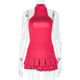 Women's Solid Color Fashion Fluffy Ruffled Cascading Stand Collar Sleeveless Short Dress