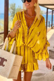 Summer Women's Fashion Bat Sleeve V-Neck Striped Print Slim Waist Dress