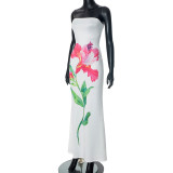 Holiday Style Flower Print Contrast Color Low Back Strapless Long Dress