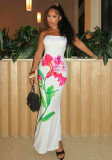 Holiday Style Flower Print Contrast Color Low Back Strapless Long Dress