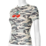 Women's Spring/Summer Camouflage Cherry Print Round Neck Slim T-Shirt