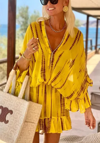Summer Women's Fashion Bat Sleeve V-Neck Striped Print Slim Waist Dress