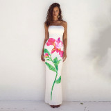 Holiday Style Flower Print Contrast Color Low Back Strapless Long Dress