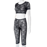 Women's Spring/Summer Lace See-Through Round Neck Open Waist Tight Slim Three-Piece Pants Set