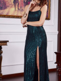 Summer Women's Square Neck High-Waist Slim Split Sequin Strap Dress
