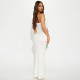 Holiday Style Flower Print Contrast Color Low Back Strapless Long Dress