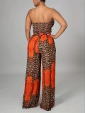 Summer Leopard Print Strapless Lace-Up Wide-Leg Loose Two Piece Pants Set
