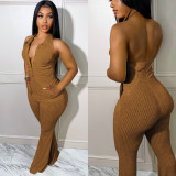 Women's Solid Color Sexy Low Back Halter Neck Turndown Collar Jumpsuit