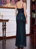 Summer Women's Square Neck High-Waist Slim Split Sequin Strap Dress