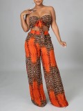 Summer Leopard Print Strapless Lace-Up Wide-Leg Loose Two Piece Pants Set