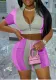 Spring and Summer Women's Zipper Elastic Short Sleeve Casual Drawstring Pocket Two-Piece Shorts Set
