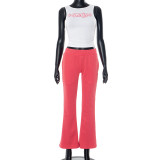 Women's Spring/Summer Round Neck Beaded Letter Print Vest Elastic High-Waist Bell Bottom Pants Two Piece Set