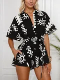 Summer Women's Turndown Collar Slim Waist Short Sleeve Casual Loose Jumpsuit