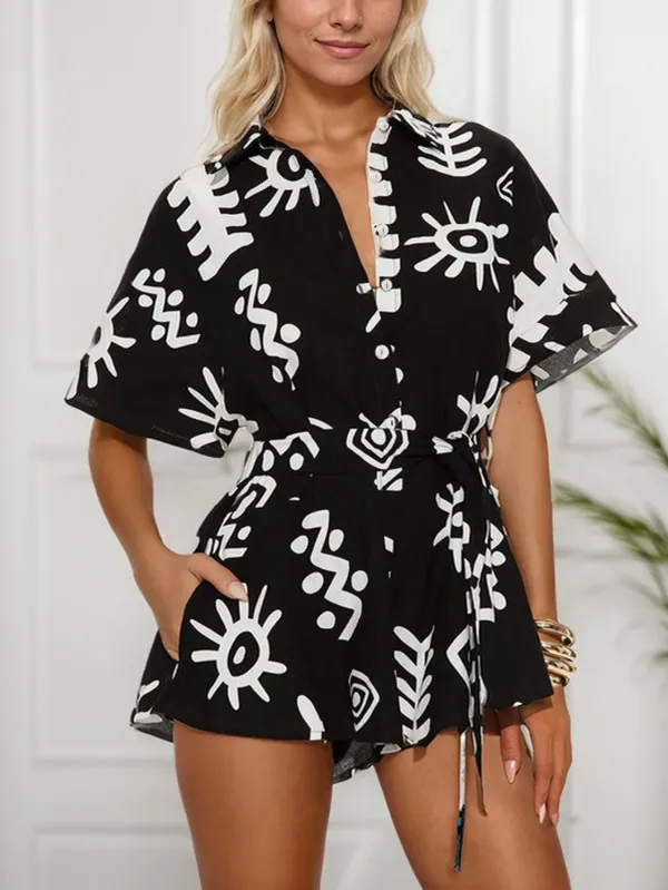 Summer Women's Turndown Collar Slim Waist Short Sleeve Casual Loose Jumpsuit