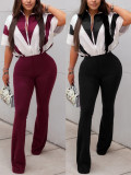 Summer Women's Casual Zipper Patchwork Contrast Jumpsuit