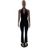 Women's Solid Color Sexy Low Back Halter Neck Turndown Collar Jumpsuit