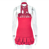 Women's Solid Color Fashion Fluffy Ruffled Cascading Stand Collar Sleeveless Short Dress